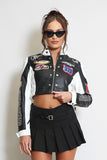 PU Cropped Slogan Biker Jacket