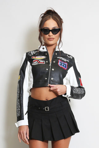 PU Cropped Slogan Biker Jacket