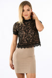 Contrast Lace Short Sleeve Top In Black