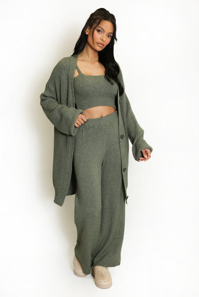 Three Piece Long Cardigan And Wide Leg Trouser Set