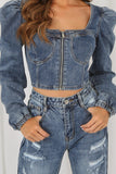 Front Zip Up Pleated Shoulder Denim Jacket