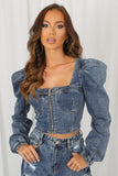 Front Zip Up Pleated Shoulder Denim Jacket