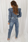 Front Zip Up Pleated Shoulder Denim Jacket
