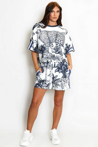 Leopard Print Sports Stripe Top & Shorts Set