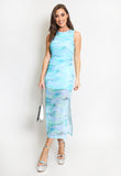 Ruched Tie Dye Print Side Slit Maxi Dress