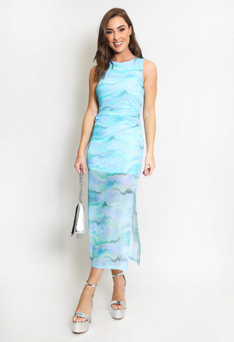 Ruched Tie Dye Print Side Slit Maxi Dress