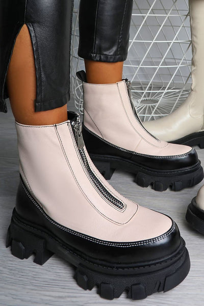Cream Zip Front Chunky Sole Boots