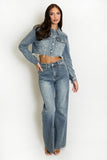 Vintage Denim Cropped Jacket And Wide Leg Jeans Set