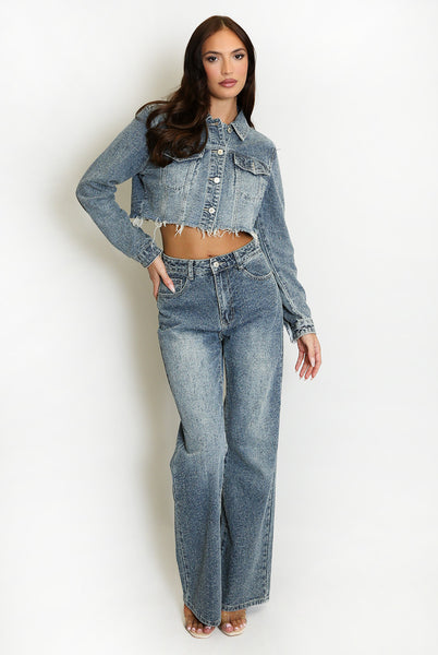 Vintage Denim Cropped Jacket And Wide Leg Jeans Set