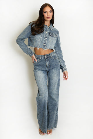 Vintage Denim Cropped Jacket And Wide Leg Jeans Set