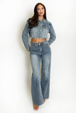 Vintage Denim Cropped Jacket And Wide Leg Jeans Set