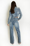 Vintage Denim Cropped Jacket And Wide Leg Jeans Set