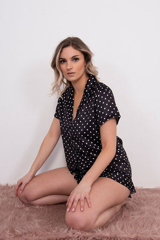 Black Polka Dot Satin Short PJ Set