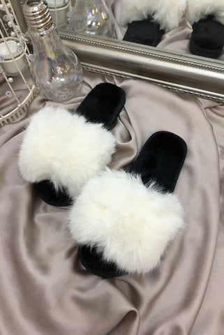 White Fluffy Faux Fur Slider Slippers