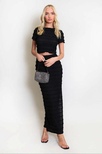 Shirred Lace Trim Midi Skirt and Top Outfit
