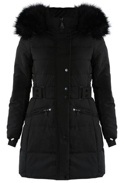 Longline Black Puffer Coat With Faux Fur