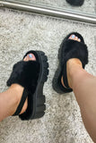 Black Fluffy Strap Chunky Platform Sandals