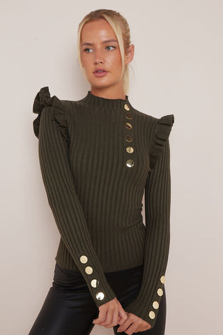 Khaki Frill Sleeve Gold Button Top