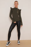 Khaki Frill Sleeve Gold Button Top