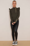 Khaki Frill Sleeve Gold Button Top
