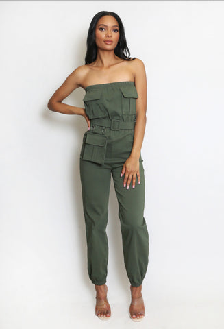 Belted Cargo Pocketed Bandeau Jumpsuit