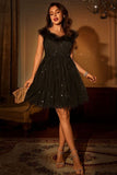 Black Sequin Feathers Strap Midi Dress
