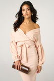 Nude Classy V-Neck Off Shoulder Midi Dress