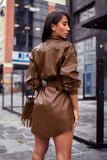 Camel Belted Leather Look PU Shirt Dress