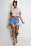 Heart Trim Frayed Hem Ripped Denim Shorts