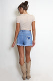 Heart Trim Frayed Hem Ripped Denim Shorts