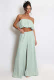 Pleated Bandeau Crop Top And Wide Leg Trouser Set