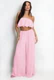 Pleated Bandeau Crop Top And Wide Leg Trouser Set