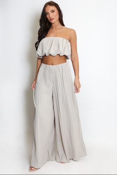 Pleated Bandeau Crop Top And Wide Leg Trouser Set