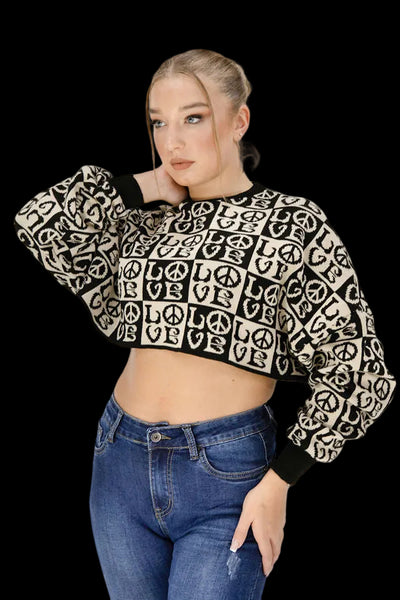 Black Love Print Cropped Jumper