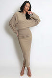 Long Sleeve Ruched Draped Midi Dress