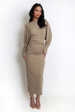 Long Sleeve Ruched Draped Midi Dress