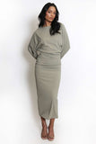 Long Sleeve Ruched Draped Midi Dress