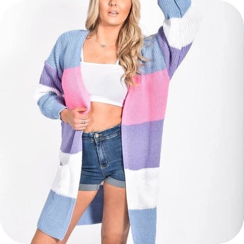 Blue Colour Block Longline Cardigan