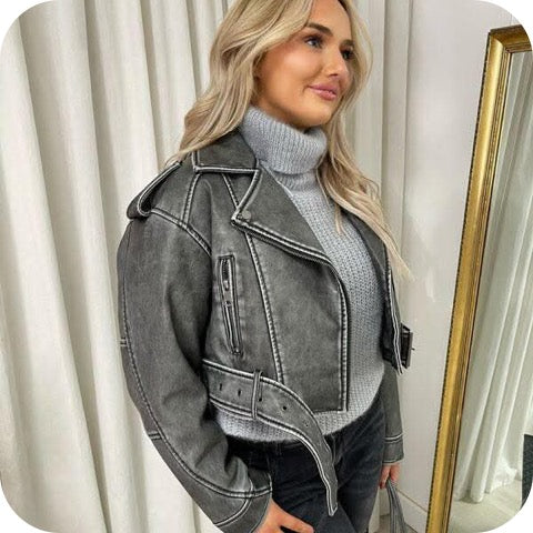 Black Cargo Distressed PU Leather Biker Jacket
