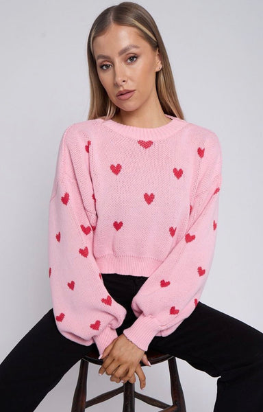 Heart Detail Oversized Cropped Knitted Jumper