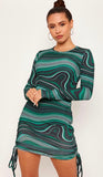 Marble Print Long Sleeves Ribbed Ruched Dress