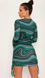 Marble Print Long Sleeves Ribbed Ruched Dress
