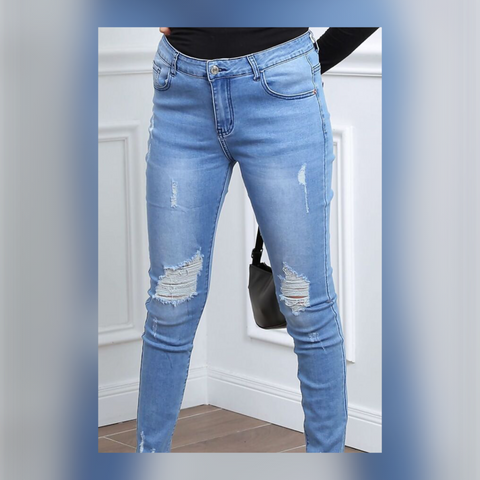 Plus Size Blue Denim Ripped Skinny Hem Jeans