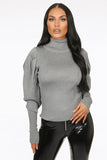 Pleated Sleeve High Neck Ribbed Jumper