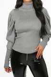 Pleated Sleeve High Neck Ribbed Jumper