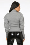 Pleated Sleeve High Neck Ribbed Jumper