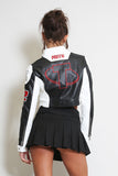 PU Cropped Slogan Biker Jacket