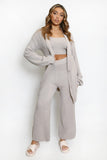 Three Piece Long Cardigan And Wide Leg Trouser Set