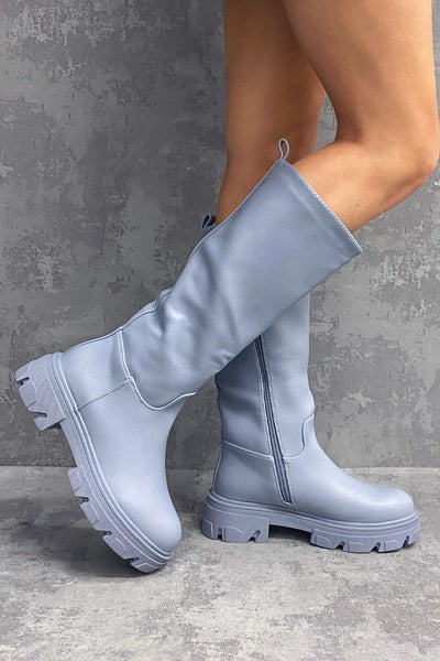 Blue Chunky Sole Side Zip Wellie Boots