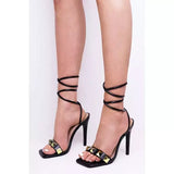 Black Stiletto Heels with Studded Strap & Lace Up Detail